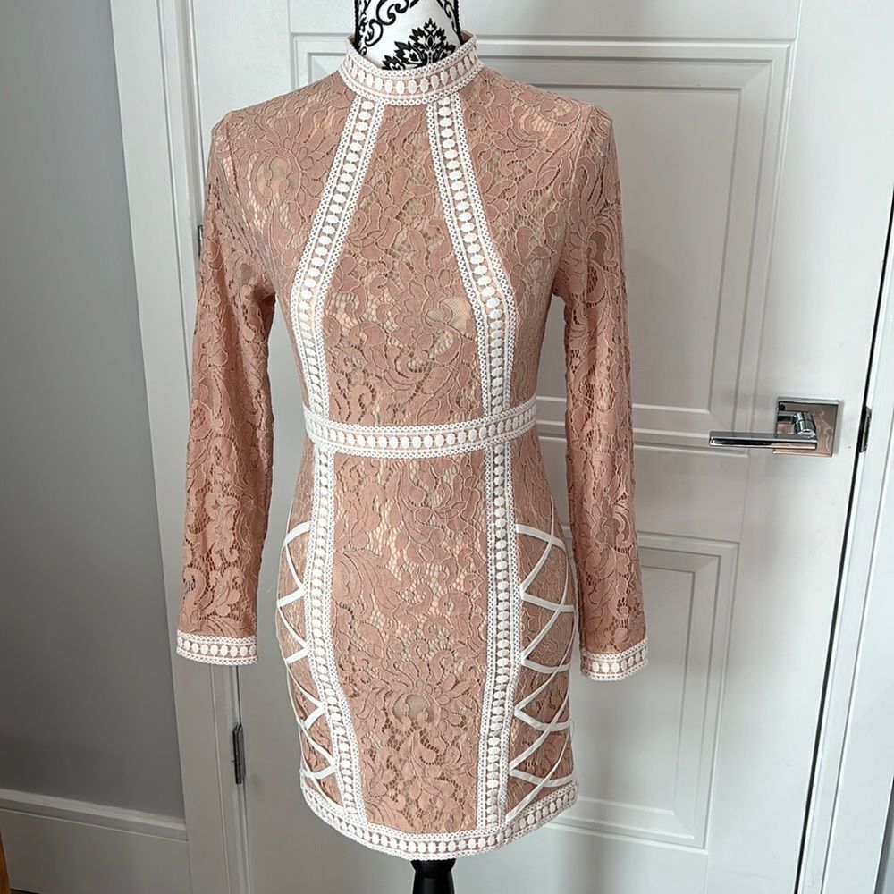 Pretty Little Thing Lace Lattice Detail Bodycon Dress Nude high neck 6 Gorgeous